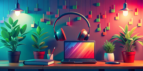 Serene melody playlist with vibrant workspace featuring headphones, laptop, and decorative plants in calming colors
