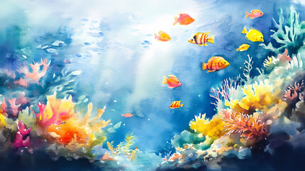 Watercolor painting of a vibrant coral reef teeming with colorful fish and exotic marine plants. Vibrant Reef. Illustration