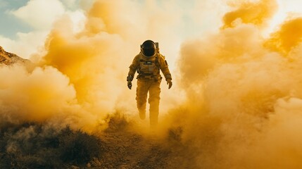 Astronaut Exploring Mysterious Alien Terrain Shrouded in Yellow Mist