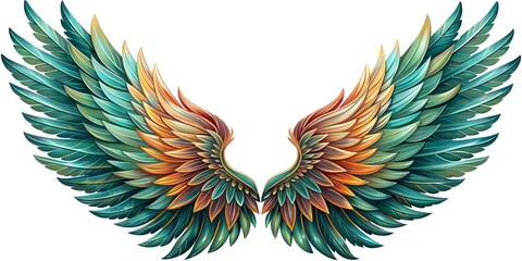 Fototapeta premium Vibrant vector brush wings in intricate design showcasing a blend of turquoise, orange, and green shades for artistic projects