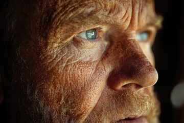 Close-Up of a Mature Man with Freckles and Intense Blue Eyes in Thoughtful Expression