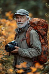 Obraz premium ** Senior Nature Photographer Exploring Autumnal Forest with Camera and Hiking Gear