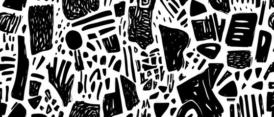 Maximalist black ink pattern on textured white background in seamless design
