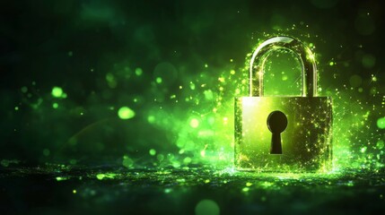 A luminous green padlock stands against a sparkling backdrop, representing security and innovation in digital safeguarding, blending protection with cutting-edge technology.