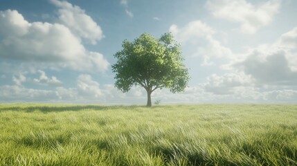 Obraz premium Solitary Tree in a Verdant Meadow Under a Sky Adorned with Clouds