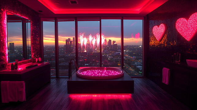 A Valentines themed rooftop party with city views and heart-shaped fireworks, styled in a vibrant urban aesthetic