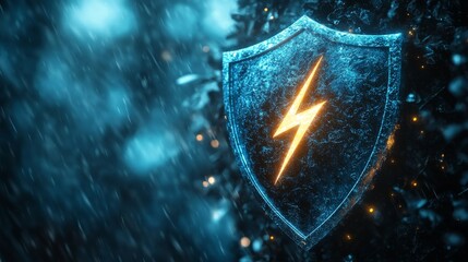 Fototapeta premium Glowing Shield with Lightning in Rainy Setting