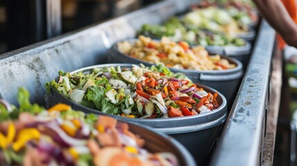Fototapeta premium Colorful assortment of fresh salads displayed in large bowls at a vibrant outdoor market