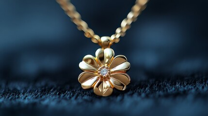 Fototapeta premium Elegant gold flower pendant necklace resting on soft black fabric in a close-up view
