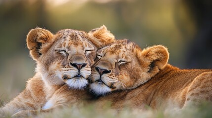 Obraz premium Two lion cubs resting together, expressing a tender sibling bond and showcasing nature's innocence and the protective comfort found in family.