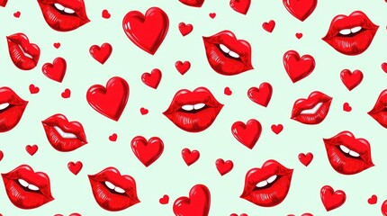 Seamless pattern of vibrant red hearts and lipstick prints for Valentine's Day. Chiaroscuro lighting enhances the strong contrasts and deep shadows in this lively