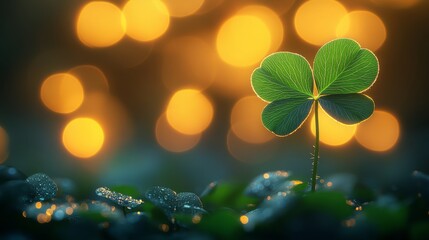 Glowing clover plant stands out against a blurred golden background in an enchanting setting