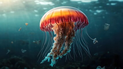 Fototapeta premium A vibrant, colorful jellyfish gracefully swims in a deep blue ocean, illuminated by soft sunlight.