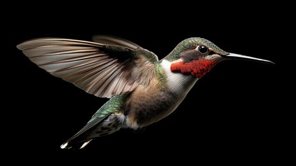 Fototapeta premium A vibrant hummingbird captured in mid-flight, displaying iridescent feathers and a bright red throat, elegantly hovering against a dark, minimalist background.