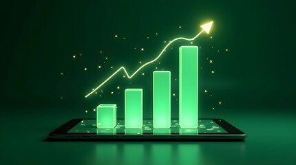 Growth depicted through futuristic technology, with a green bar chart symbolizing innovation and success.