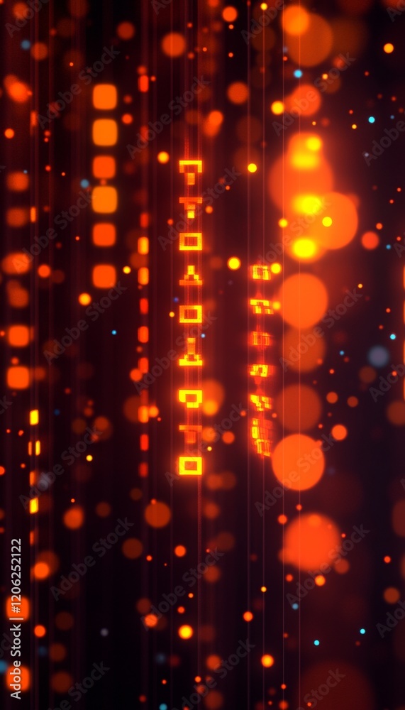 Poster flowing binary code, glowing digits in orange and blue hues against a dynamic background