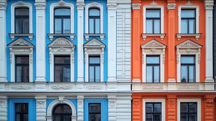 Fototapeta premium An urban street with colorful and intricately designed building facades, showcasing alternating patterns of blue and orange against a clear sky backdrop.
