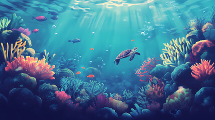 Obraz premium A vibrant coral reef ecosystem underwater, filled with colorful fish, coral, and sea turtles, creating a bustling natural community. Vibrant Reef. Illustration