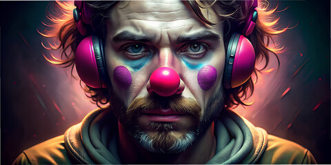 Portrait of a modern clown blending classical chiaroscuro techniques with contemporary elements in a vivid, expressive style