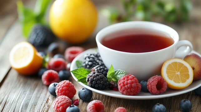 A white cup filled with dark tea is surrounded by assorted fresh berries like raspberries, blackberries, blueberries, and lemon slices, creating a homey and vibrant look.