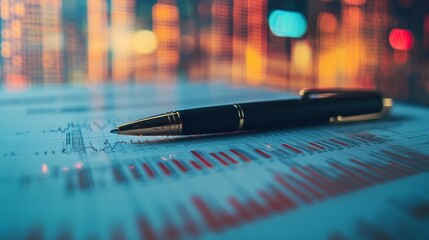 A pen lies on a financial graph illustrating data trends, under a backdrop of colorful out-of-focus city lights, representing the fusion of finance and urban life.