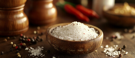 Coarse sea salt and fresh ground pepper in rustic wooden bowl with seasoning collection