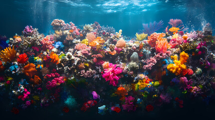 Fototapeta premium A vibrant underwater scene showcasing a stunning reef barrier filled with colorful corals and diverse marine life. Vibrant Reef. Illustration