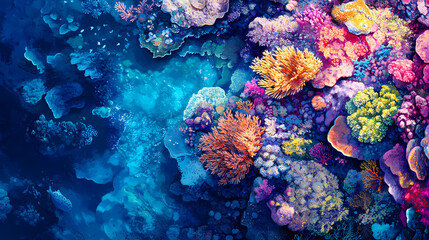Fototapeta premium Aerial view of a coral reef system, showcasing vibrant marine life and stunning underwater patterns. Vibrant Reef. Illustration