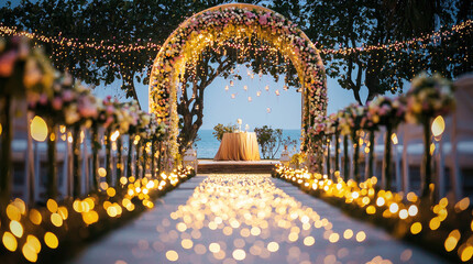 Obraz premium Twinkling Lights Wedding Ceremony: A magical wedding ceremony setup under the canopy of a lush forest, adorned with twinkling fairy lights and elegant drapes. 