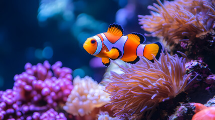 Clownfish swimming near vibrant coral reef in clear underwater aquarium environment with colorful anemones. Vibrant Reef. Illustration