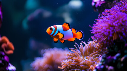 Obraz premium Clownfish swimming near vibrant coral reef in clear underwater aquarium environment with colorful anemones. Vibrant Reef. Illustration
