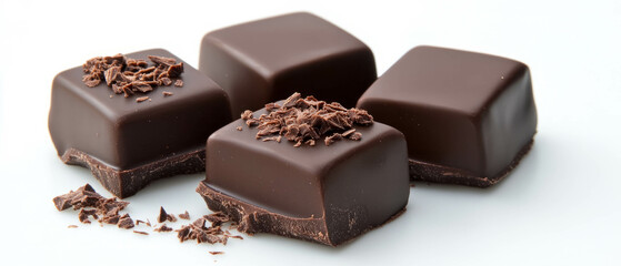 Dark chocolate squares with rich flavor and elegant shavings displayed on a clean surface