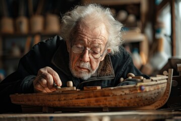 An elderly European man carefully crafts a wooden toy boat in his workshop.