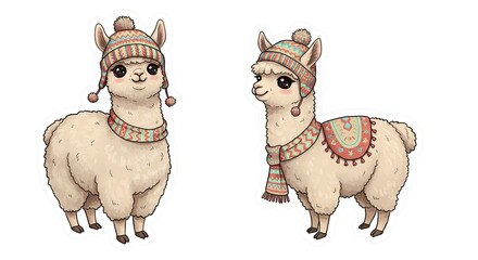 Obraz premium A sweet stickers of an alpaca with soft, fluffy fur, bundled up in a tiny winter hat and scarf.