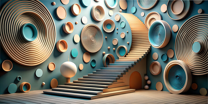 Creative abstract design featuring circular elements and stairs in a modern installation with a playful color scheme