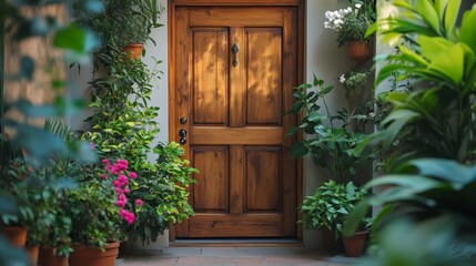 Fototapeta premium A wooden front door surrounded by an abundance of lush potted plants, creating a welcoming and serene entrance with natural beauty and a touch of charm.