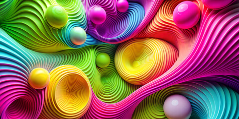 Vibrant abstraction wallpaper with flowing patterns and colorful spheres creates an energetic and engaging visual experience for modern design aesthetics