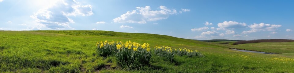 A field of grass with a few yellow flowers in the foreground. The sky is blue and there are a few clouds