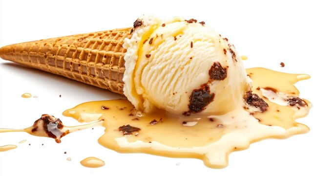 Delicious ice cream cone with creamy vanilla scoops and chocolate chunks melting deliciously. A tempting treat for dessert lovers everywhere. Generative AI.