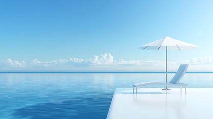 Obraz premium Oceanfront chaise lounge, umbrella, sunny sky, relaxation