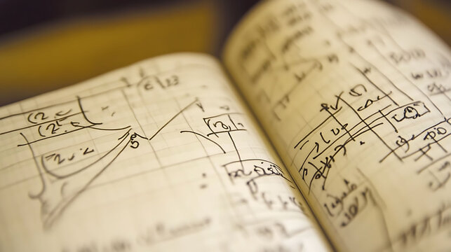 Closeup of an open notebook filled with handwritten equations and calculations. - Powered by Adobe