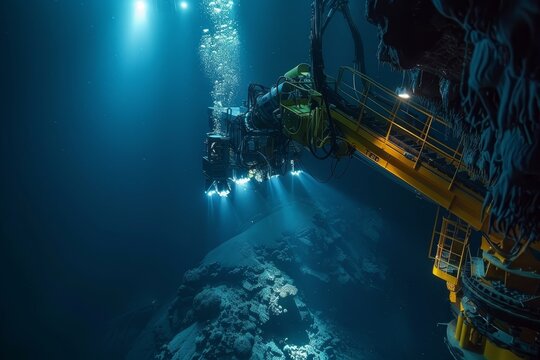 Robotic arms extracting glowing minerals from a seabed vent, surrounded by a cloud of sediment in the deep ocean twilight. - Powered by Adobe