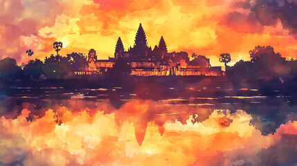 Beautiful watercolor painting of an ancient temple at sunset, reflecting on the water. Shadow Temple. Illustration