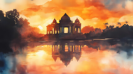 Beautiful watercolor painting of an ancient temple at sunset, reflecting on the water. Shadow Temple. Illustration