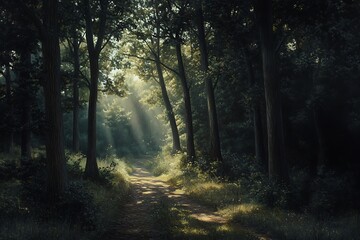 Fototapeta premium Sunlight filters through trees in a serene forest pathway.