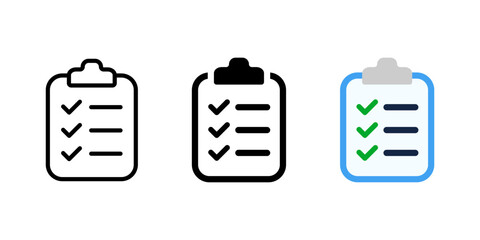 Checklist icon. Clipboard vector illustration. Checkup plan on the board symbol. Paper document with check marks and fields sign. Schedule note. Report pictogram. Test and exam workbook glyph