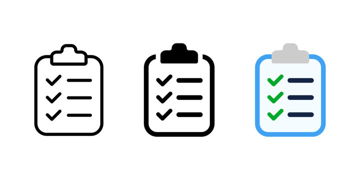 Checklist icon. Clipboard vector illustration. Checkup plan on the board symbol. Paper document with check marks and fields sign. Schedule note. Report pictogram. Test and exam workbook glyph