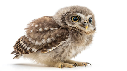 Obraz premium Fluffy Baby Owl (Owlet) Nesting in a Tree Hollow, with Big Eyes and Soft Feathers Isolated on White or Transparent Background