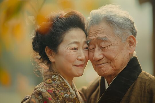 An elderly Asian couple shares a skincare routine in a cozy setting, with soft, hazy morning light in the background.