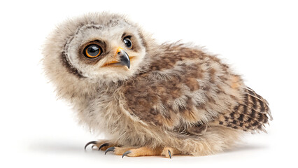 Naklejka premium Fluffy Baby Owl (Owlet) Nesting in a Tree Hollow, with Big Eyes and Soft Feathers Isolated on White or Transparent Background